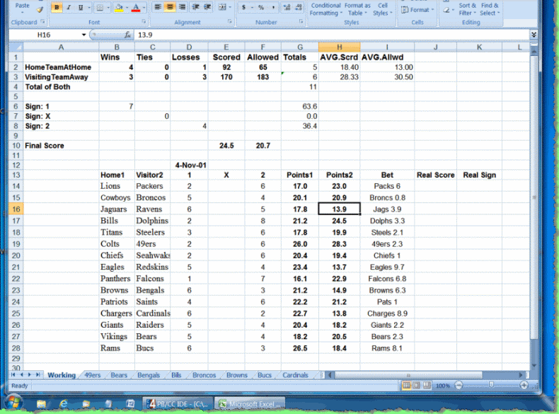 Excel betting spreadsheet helps with picks in NFL American football based on past results.